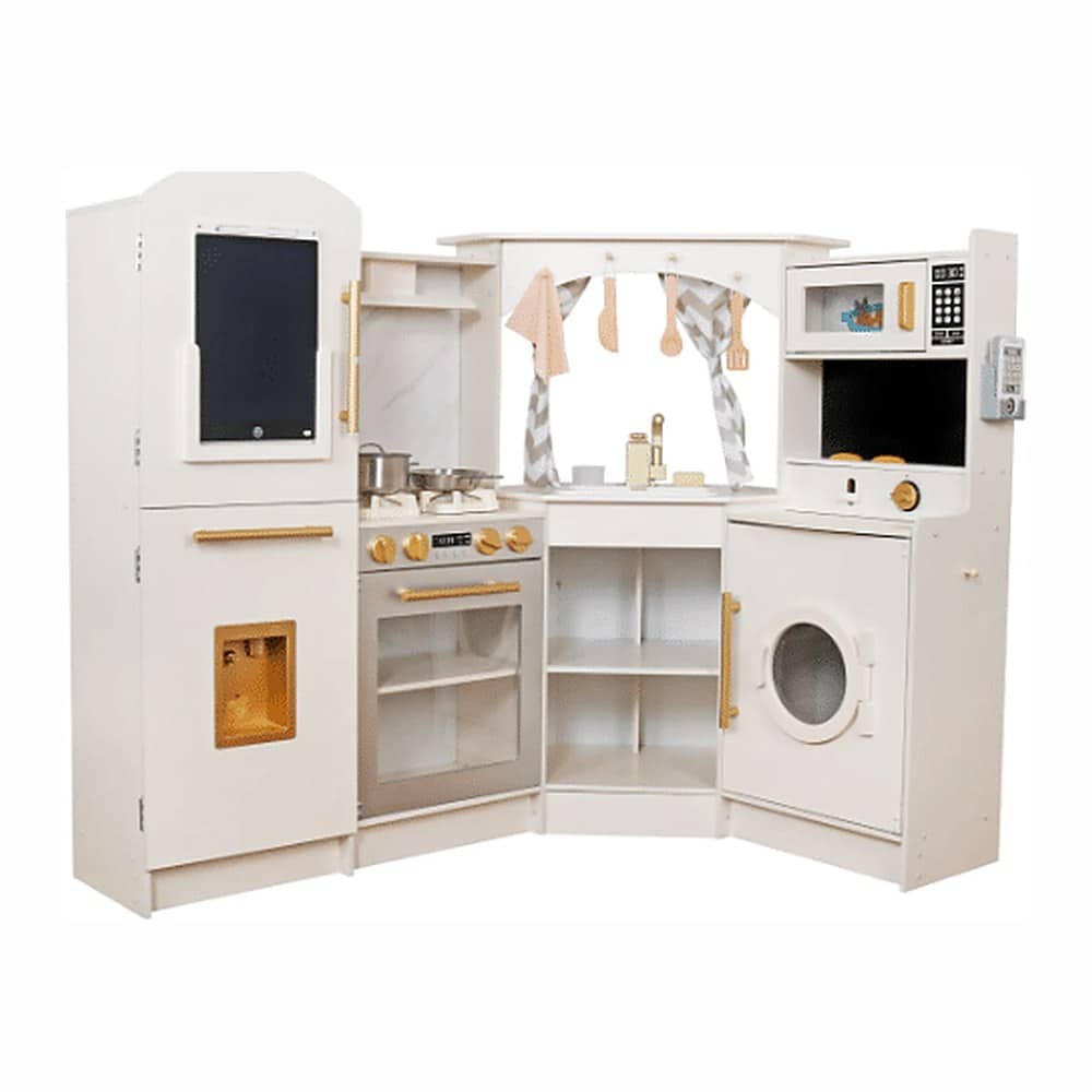 מטבח אדר פינתי מעץ לילדים בצבע בז - W10C933E מטבח עץ פינתי לילדים בצבע בז עם תנור, כיור, מיקרוגל ומכונת כביסה